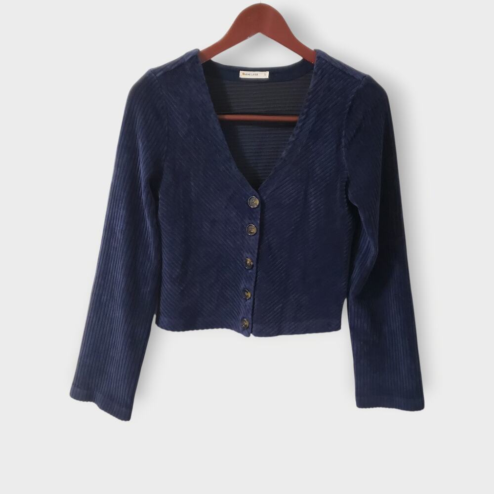 Marine Layer Womens Blue Corduroy Cropped V-neck Button Shirt Sz S Preppy Grunge